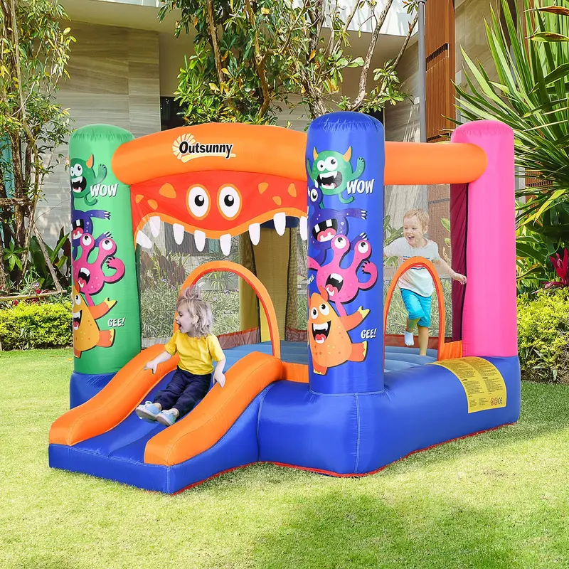 Inflatable Monster Bouncy Castle with Slide & Basketball Trampoline – 180 x 250 x 175 cm