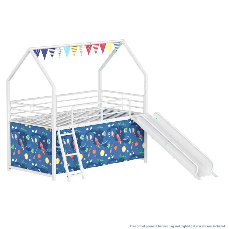 Jack Loft Bed with Integrated Slide and Privacy Curtain Set