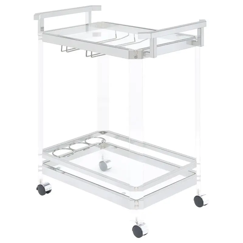 Jefferson Chrome Two-Tier Bar Cart with Acrylic Frame and Glass Shelves
