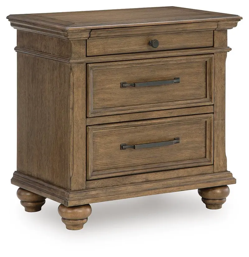 Karallin 3-Drawer Nightstand – Medium Brown Finish & Integrated Charging Port
