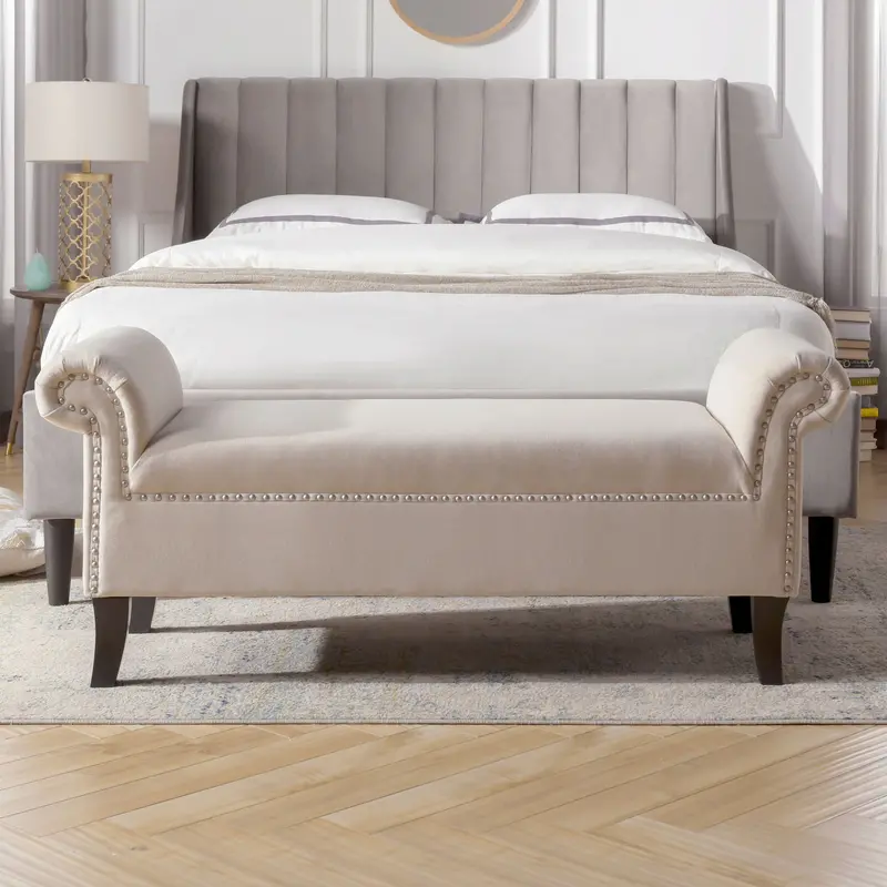 Kathy Sky Neutral Beige Roll-Arm Entryway Bench