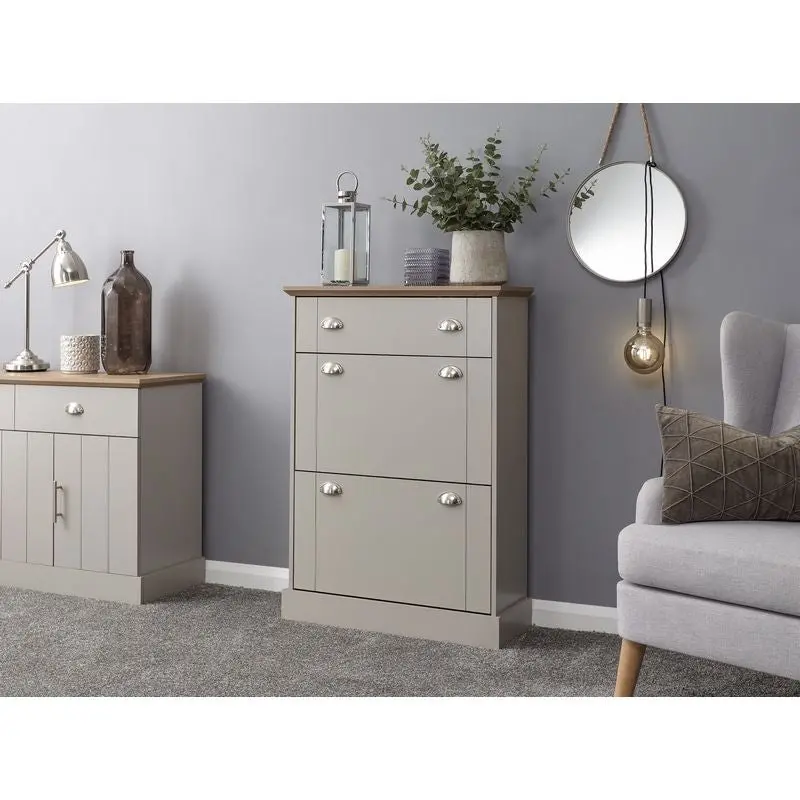 Kendal Grey Tall Shoe Cabinet with Two Doors, Two Shelves, and One Drawer