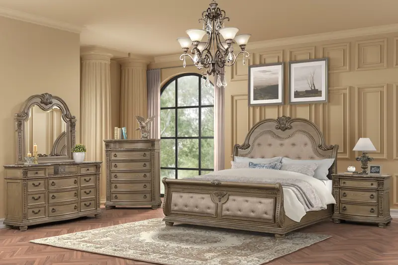 Kensington Estate Light Brown Upholstered Sleigh Bedroom Set