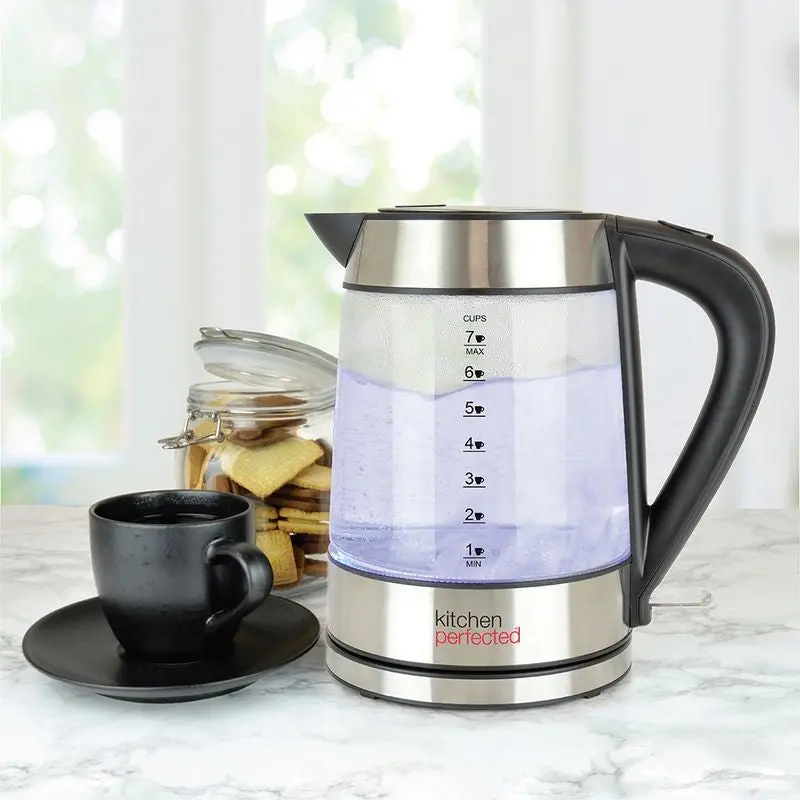 KitchenPerfected Cordless Glass & Stainless Steel Kettle – 1.7L Fast-Boil Appliance (Blue Accent)