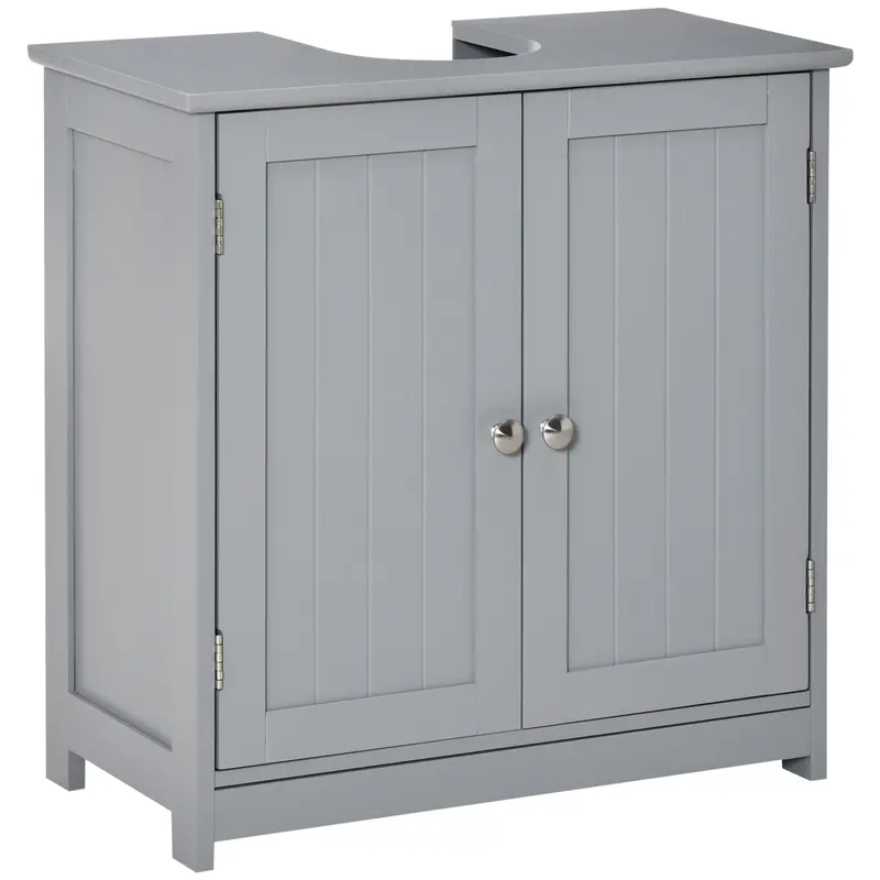 Kleankin 60x60cm Grey Under-Sink Organizer – Adjustable Shelf Cabinet with Drain Hole and Integrated Handles