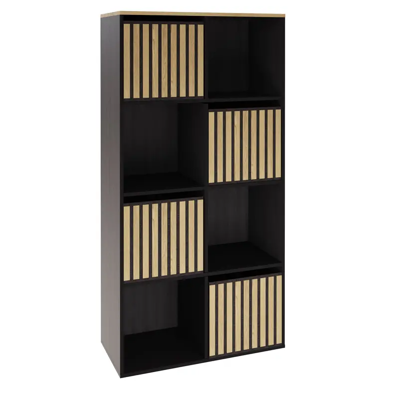 Kube Sleek Black and Light Oak Tall Sideboard with Four Shelves and Drawers