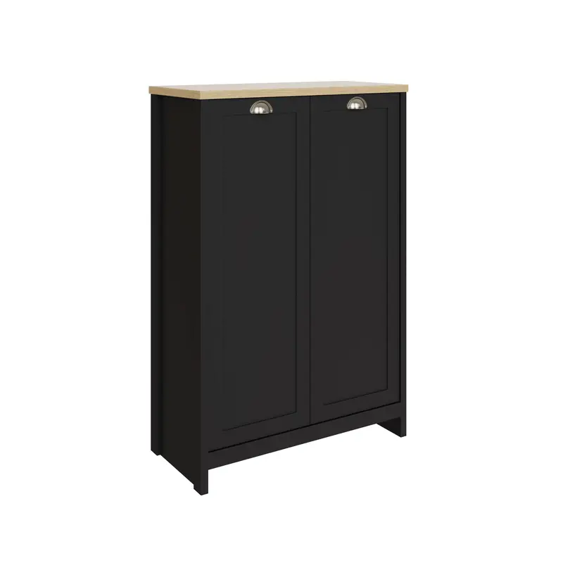 Lancaster Black and Oak Tall Shoe Storage Cabinet – Two Doors, Six Shelves