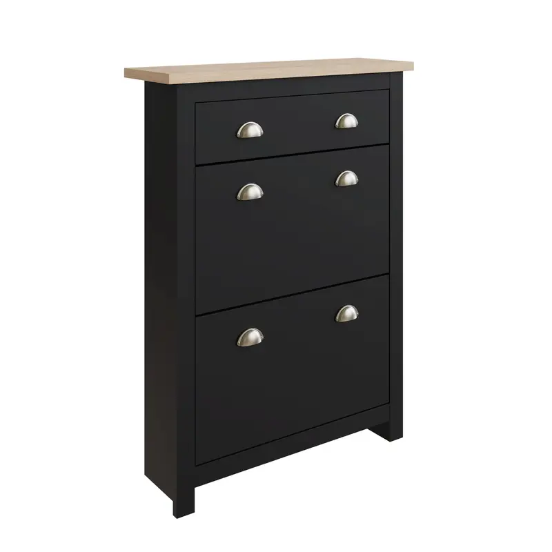 Lancaster Tall Shoe Storage Unit – Black Finish, 2 Doors, 4 Shelves + 1 Drawer