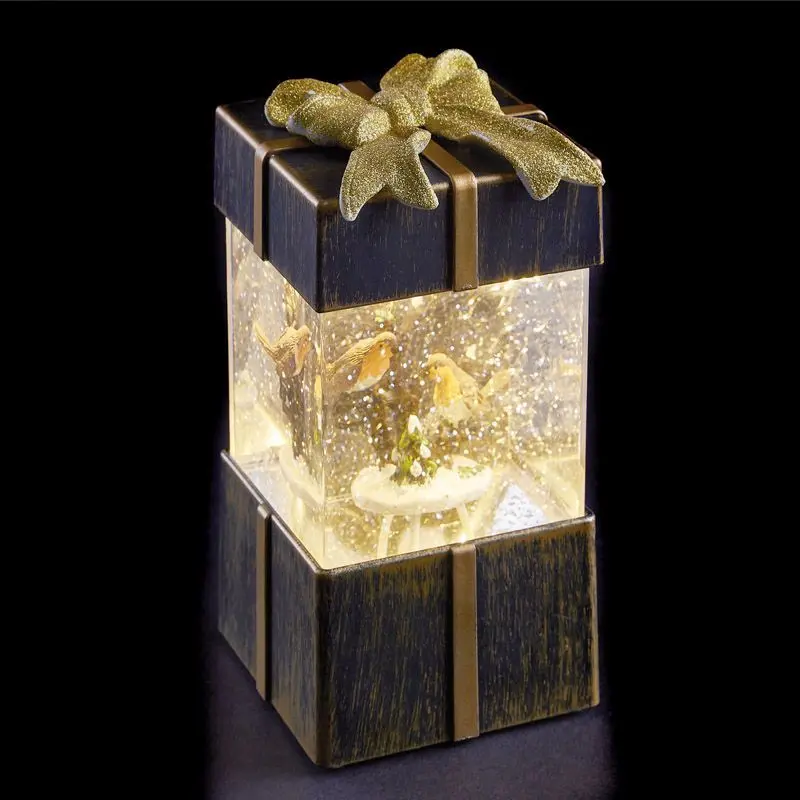 LED-Illuminated Bronze Gift Box Ornament – Animated Robins Figurine, 17 cm