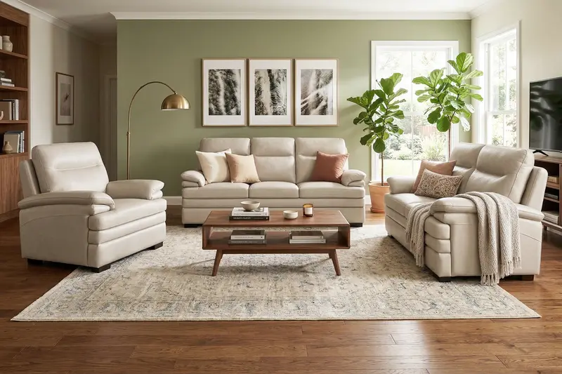 Light Beige Top-Grain Leather 3-Piece Living Room Ensemble