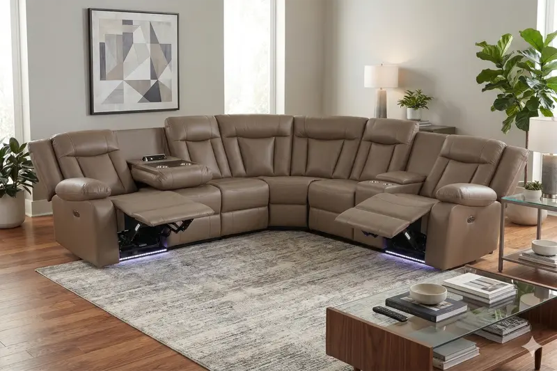 Light Brown Power Reclining Sectional – 3-Piece with LED Lights, Console & Built-in Speakers