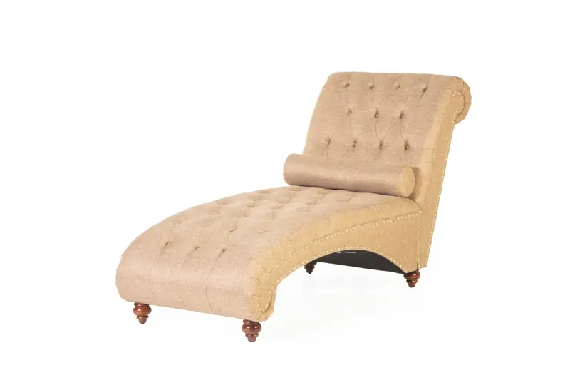 Light Brown Tufted Chaise Lounge with Nailhead Border and Bolster Cushion