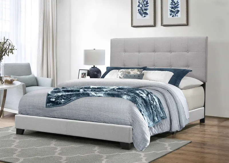 Light Gray Button-Tufted Upholstered Panel Bed