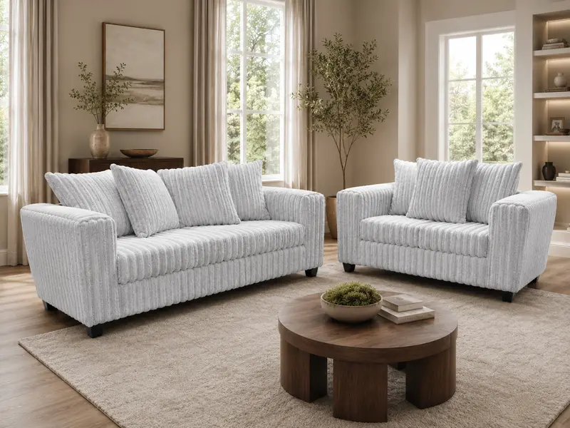 Light Gray Ribbed Plush Fabric Sofa and Loveseat Set (2-Piece)