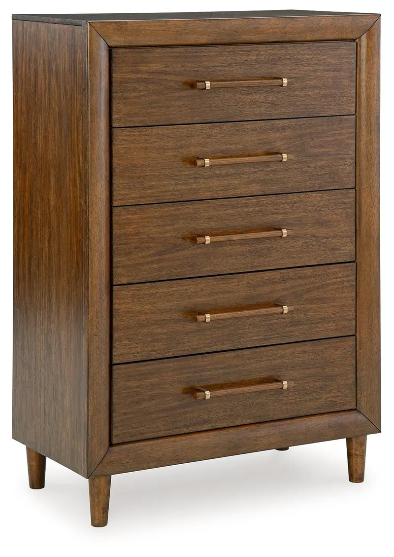 Lyncott Five-Drawer Chest in Warm Brown Woodgrain