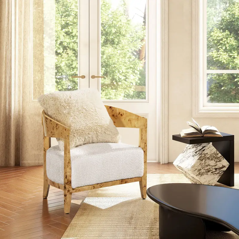 Madrid Burl Barrel Armchair – Seashell White Accent Seating