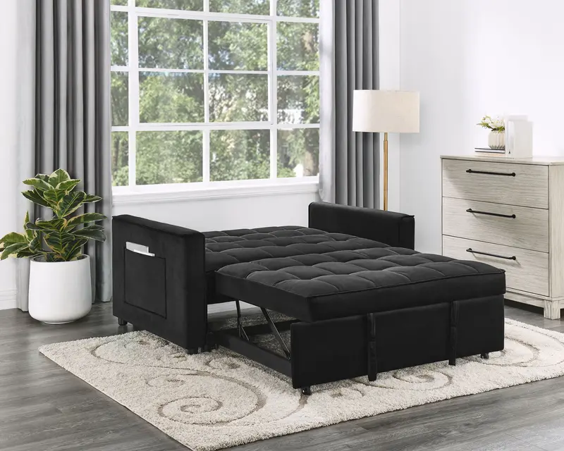 Maeve Convertible Sleeper Loveseat – Tufted Black Fabric with Built-In Side Storage Pocket