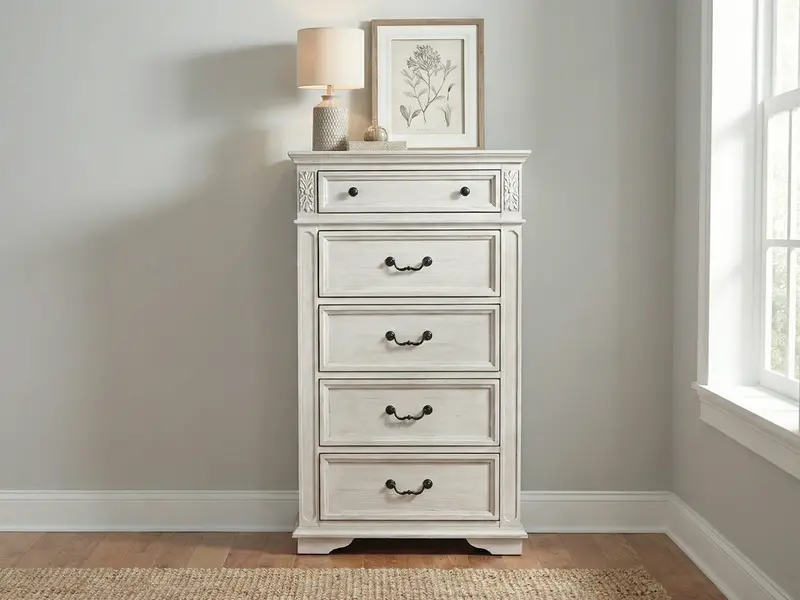 Magnolia Collection: 5-Drawer Farmhouse Chest in Soft Antique White