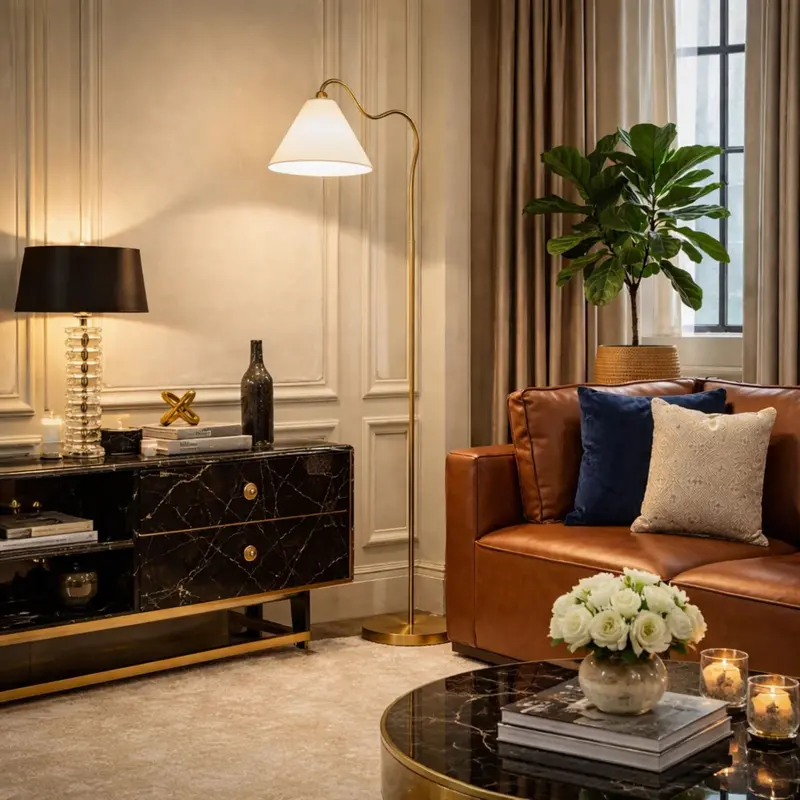 Majestic Ring-Base Floor Lamp with Triangle Drum Shade in Gold and White