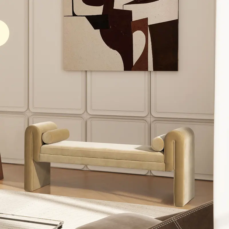 Mason Arched Arm Bench – Camel Brown Beige with Bolster Cushions