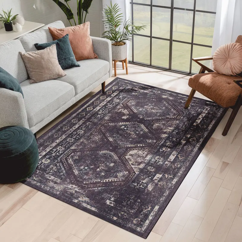 Maval 8′ x 10′ Black and Burgundy Washable Area Rug