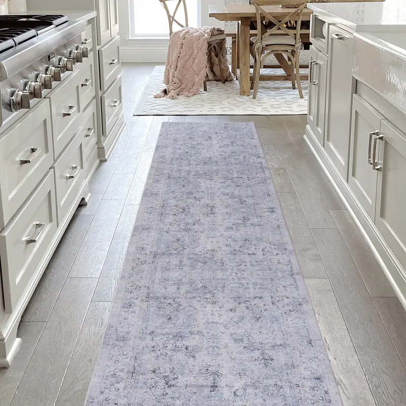 Maval Machine-Washable Blue-and-Cream Runner Rug (2’6″ x 10′)