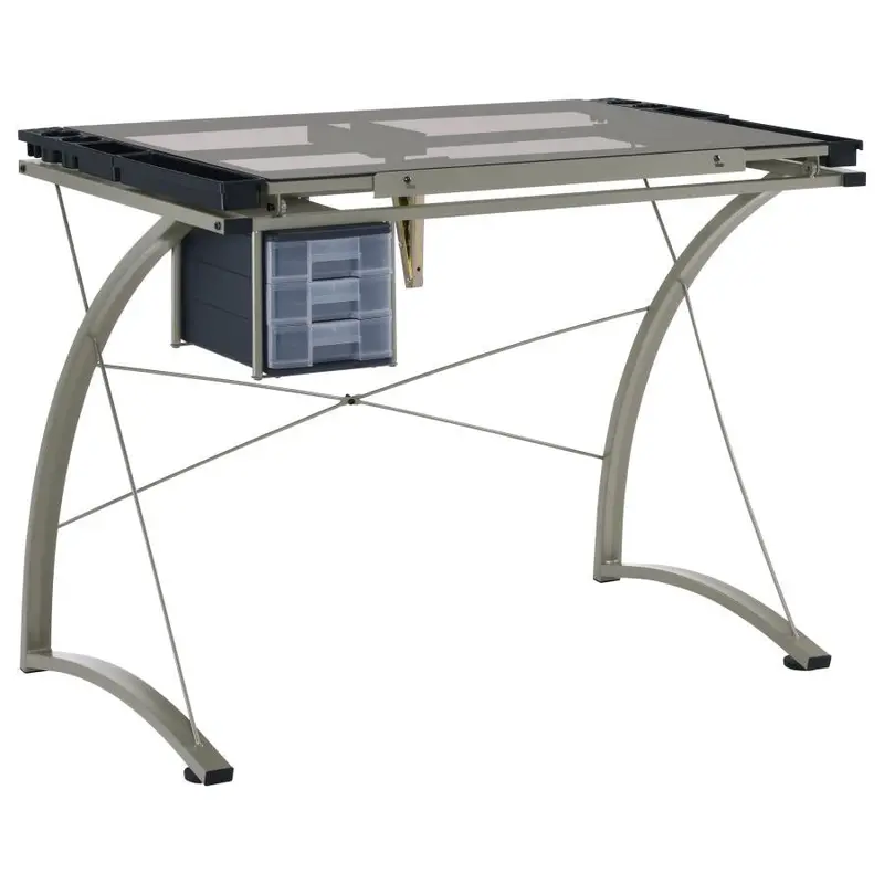 Melo Silver Glass-Top Adjustable Drafting Table with Built-in Storage