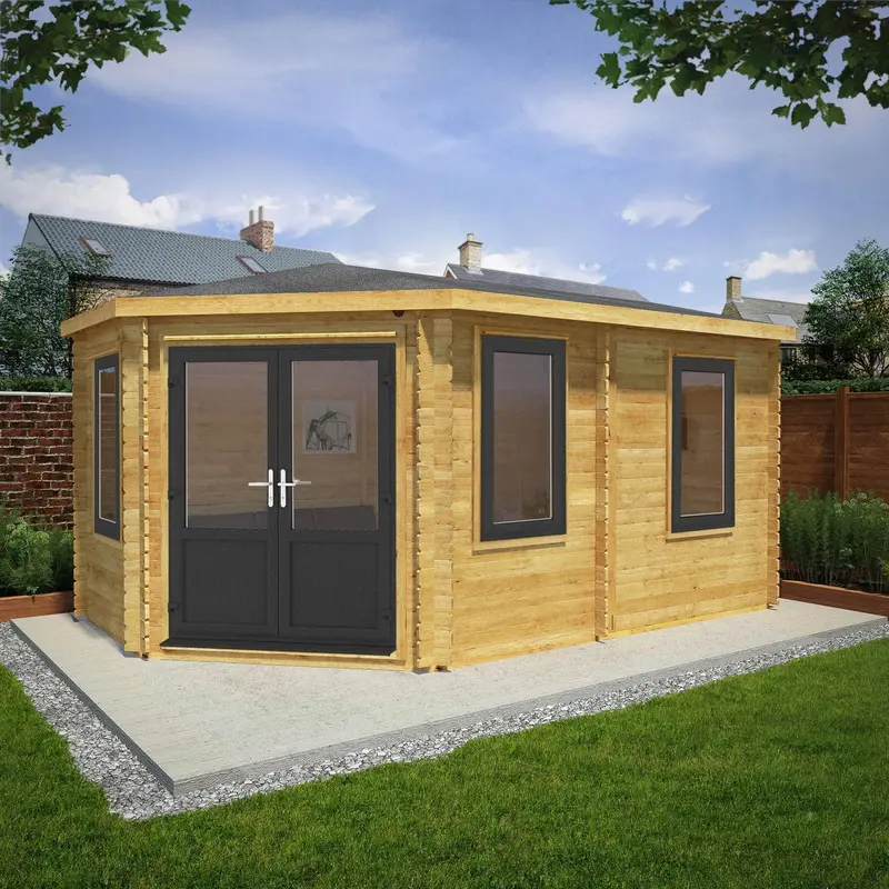 Mercia Corner 10’4″ x 16’8″ Hip Roof Log Cabin – 44mm Loglap, Grey UPVC Glazing