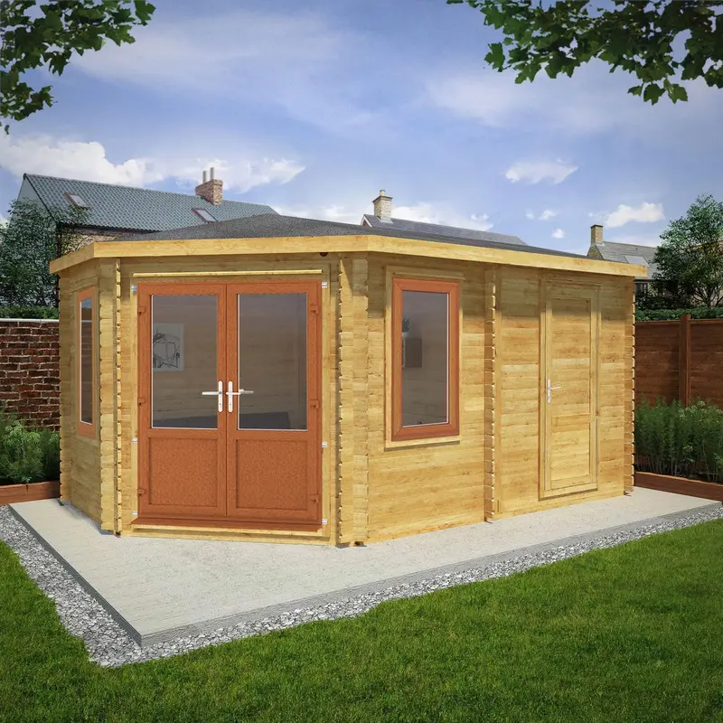Mercia Corner 10’4″ x 16’8″ Hip Roof Log Cabin with Shed – 44mm Loglap, Brown UPVC