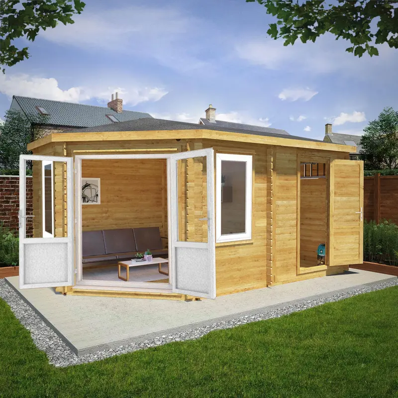 Mercia Corner 10’4″ x 16’8″ Hip Roof Log Cabin with Shed – 44mm Loglap, White UPVC