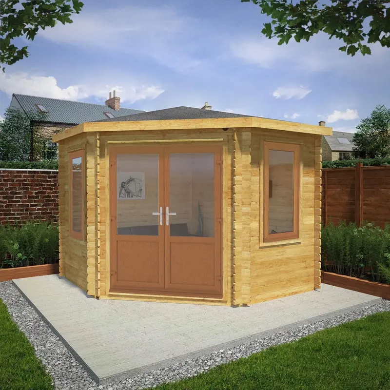 Mercia Corner Hip Log Cabin – 10’4″ x 10’2″, 44mm Premium Loglap, Brown UPVC Windows