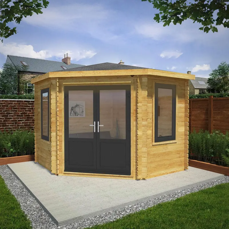 Mercia Corner Hip Log Cabin – 10’4″ x 10’2″, 44mm Premium Loglap, Grey UPVC Windows
