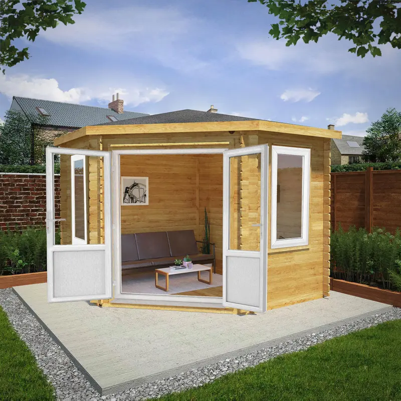 Mercia Corner Hip Log Cabin – 10’4″ x 10’2″, 44mm Premium Loglap, White UPVC Windows