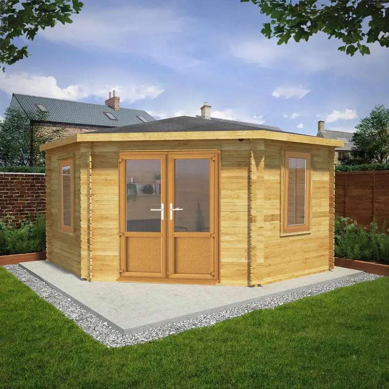 Mercia Corner Hip Log Cabin – 13’7″ x 13’5″, 44mm Premium Loglap, Brown UPVC Windows