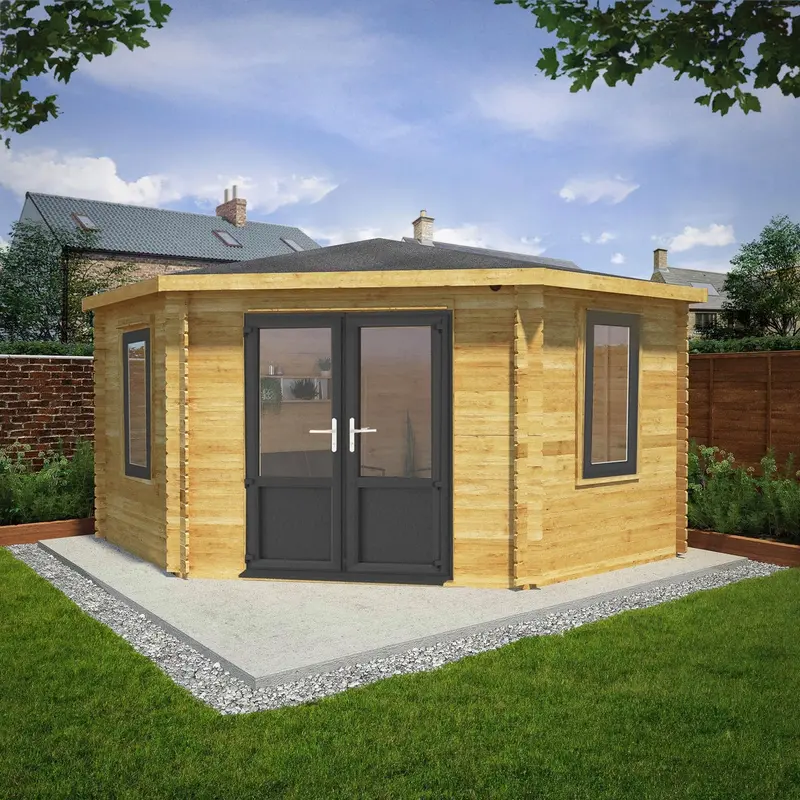 Mercia Corner Hip Log Cabin – 13’7″ x 13’5″, 44mm Premium Loglap, Grey UPVC Windows