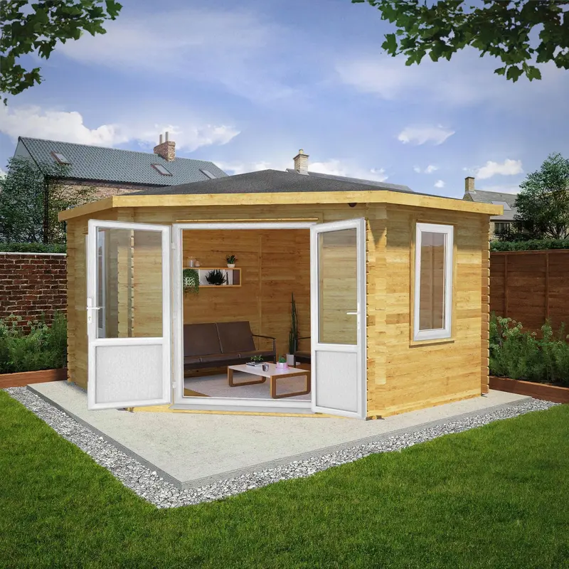 Mercia Corner Hip Log Cabin – 13’7″ x 13’5″, 44mm Premium Loglap, White UPVC Windows