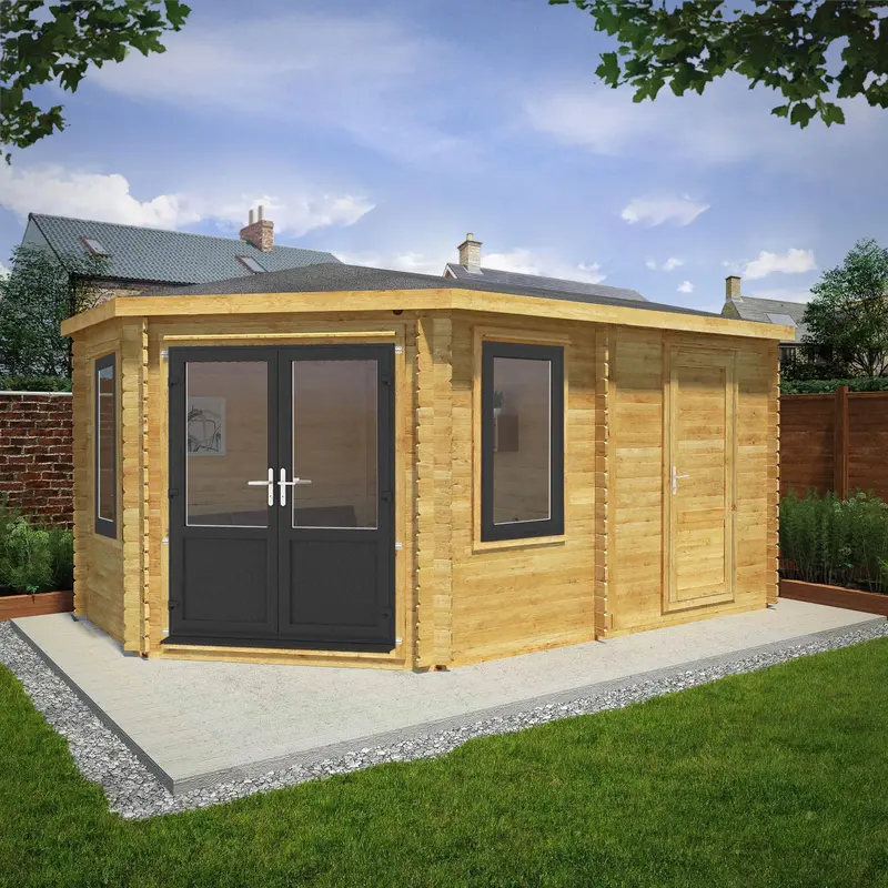 Mercia Corner Hip Roof Log Cabin Shed 10’4″ x 16’8″ – 44mm Loglap Cladding, Grey UPVC