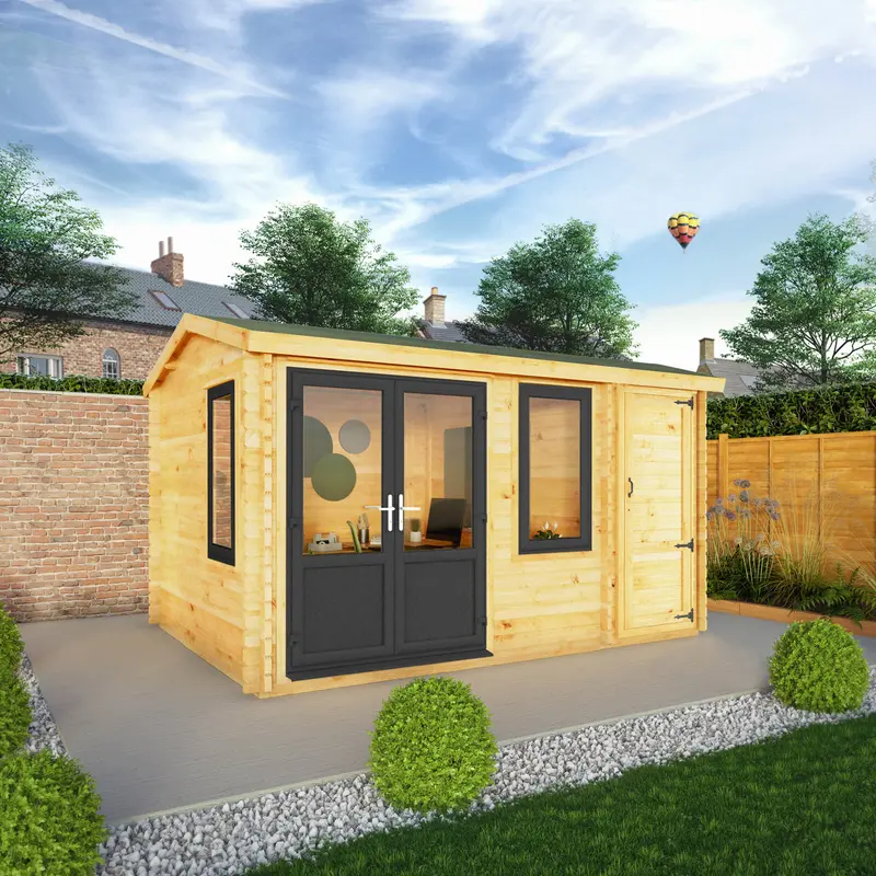 Mercia Elite 10’3″ x 13’7″ Apex Log Cabin – 44mm Loglap Build, Grey UPVC Glazing