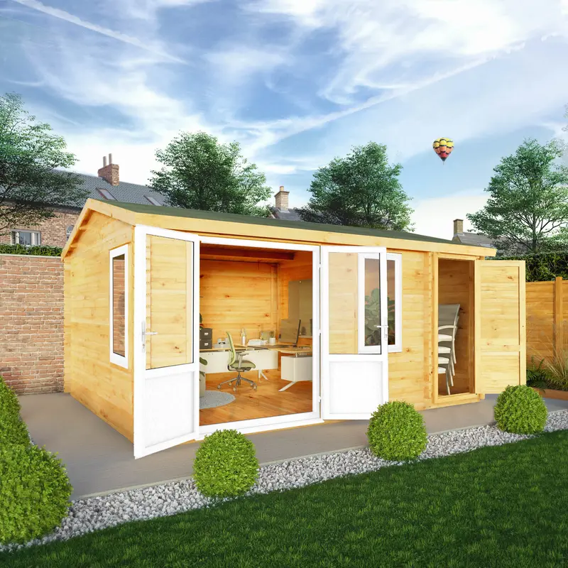 Mercia Elite 13’6″ x 16’11” Apex Log Cabin – 44mm Loglap Cladding, White UPVC Windows