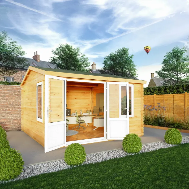 Mercia Elite Apex Log Cabin – 13’6″ x 13’2″, 44mm Premium Loglap, White UPVC