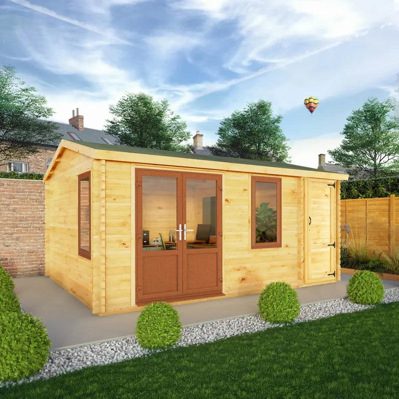 Mercia Elite Apex Log Cabin 13’6″ x 16’11” – Premium 44mm Loglap, Brown UPVC Windows