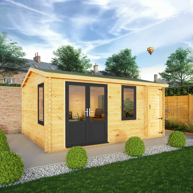 Mercia Elite Apex Log Cabin 13’6″ x 16’11” – Premium 44mm Loglap, Grey UPVC Windows