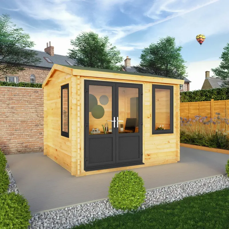 Mercia Elite Reverse Apex Log Cabin – 10’3″ x 9’11”, 44mm Premium Loglap, Grey UPVC
