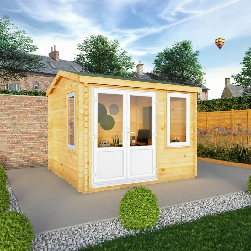 Mercia Elite Reverse Apex Log Cabin – 10’3″ x 9’11”, 44mm Premium Loglap, White UPVC