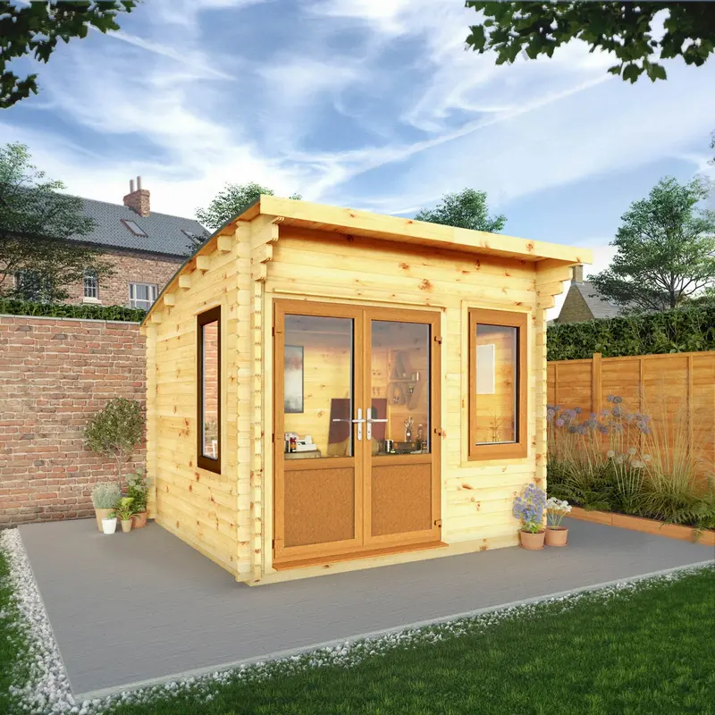 Mercia Helios Curved Log Cabin – 11’5″ x 10′, 44mm Premium Loglap, Brown UPVC
