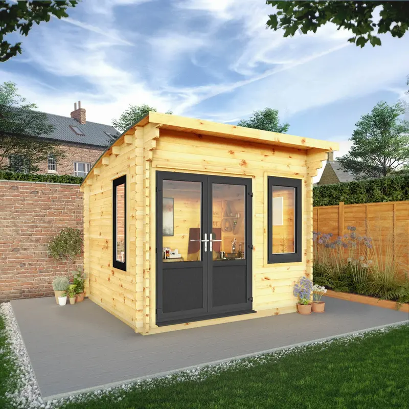 Mercia Helios Curved Log Cabin – 11’5″ x 10′, 44mm Premium Loglap, Grey UPVC