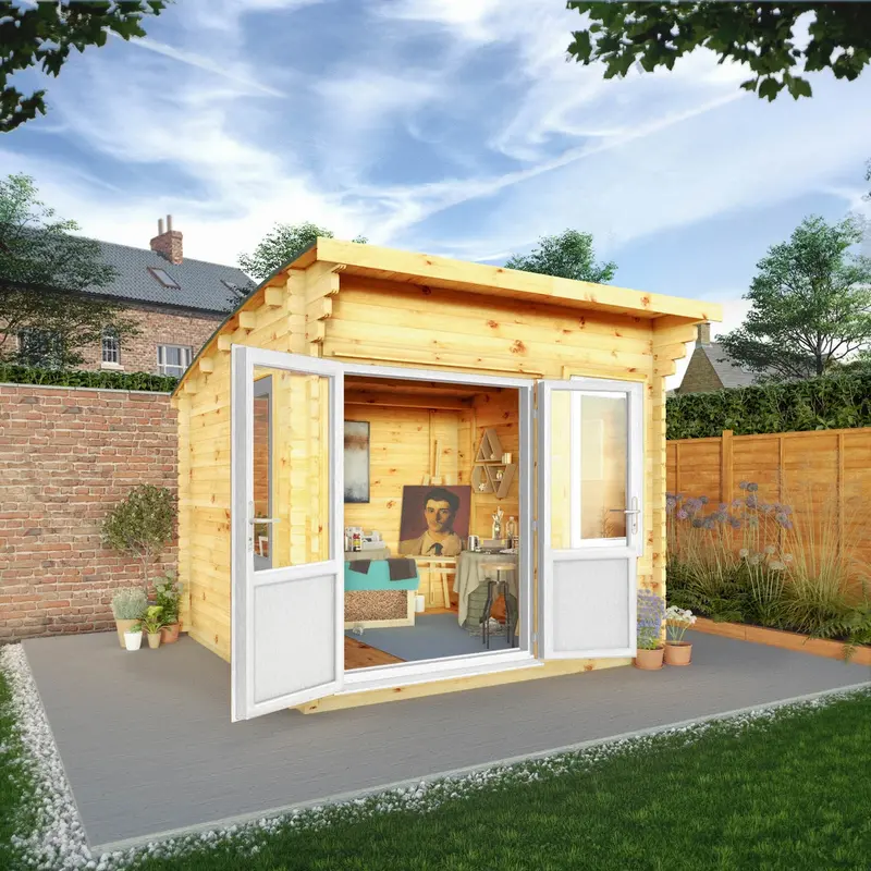 Mercia Helios Curved Log Cabin – 11’5″ x 10′, 44mm Premium Loglap, White UPVC