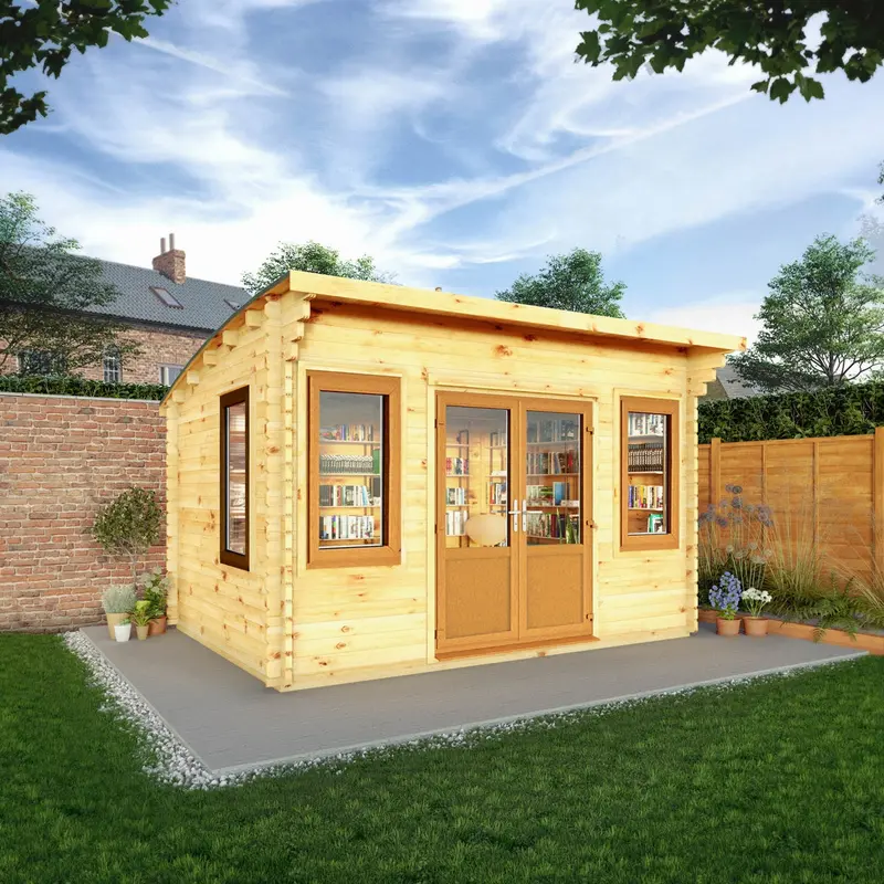 Mercia Helios Curved Log Cabin – 11’5″ x 13’4″, 44mm Premium Loglap, Brown UPVC