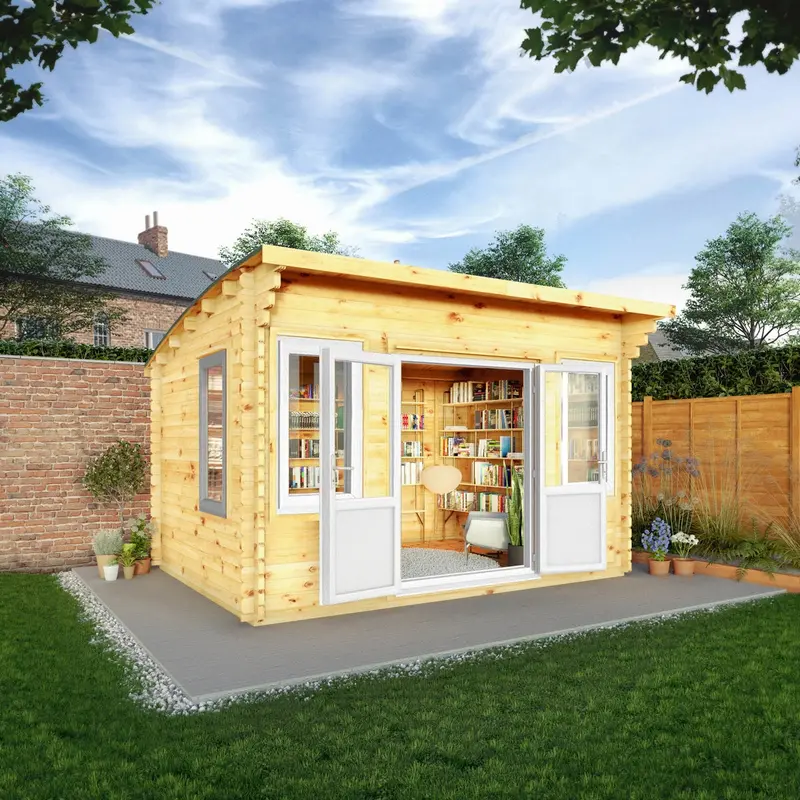 Mercia Helios Curved Log Cabin – 11’5″ x 13’4″, 44mm Premium Loglap, White UPVC