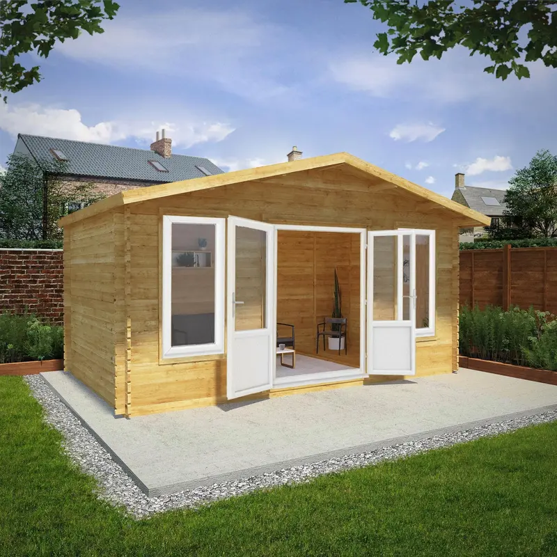 Mercia Retreat 11’3″ x 16’10” Apex Log Cabin – 44mm Loglap Cladding, White UPVC Windows & Doors